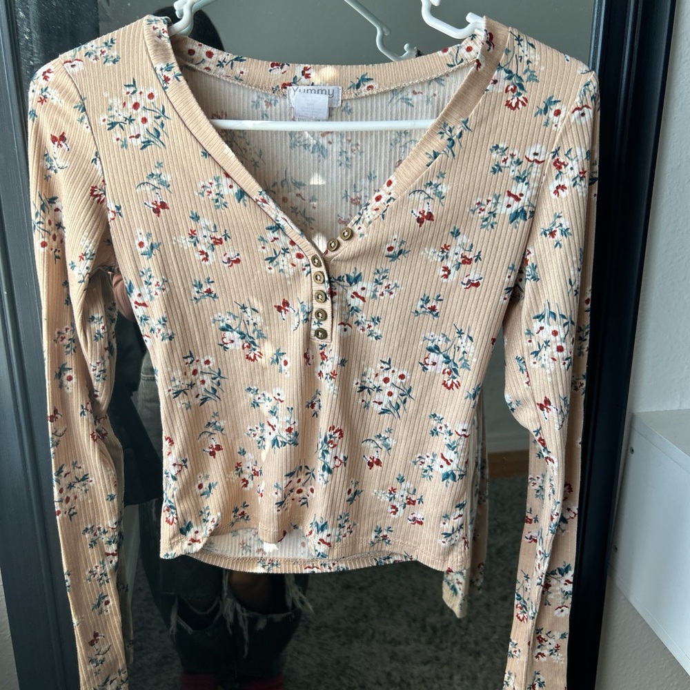 Floral Button-Up Ribbed Top